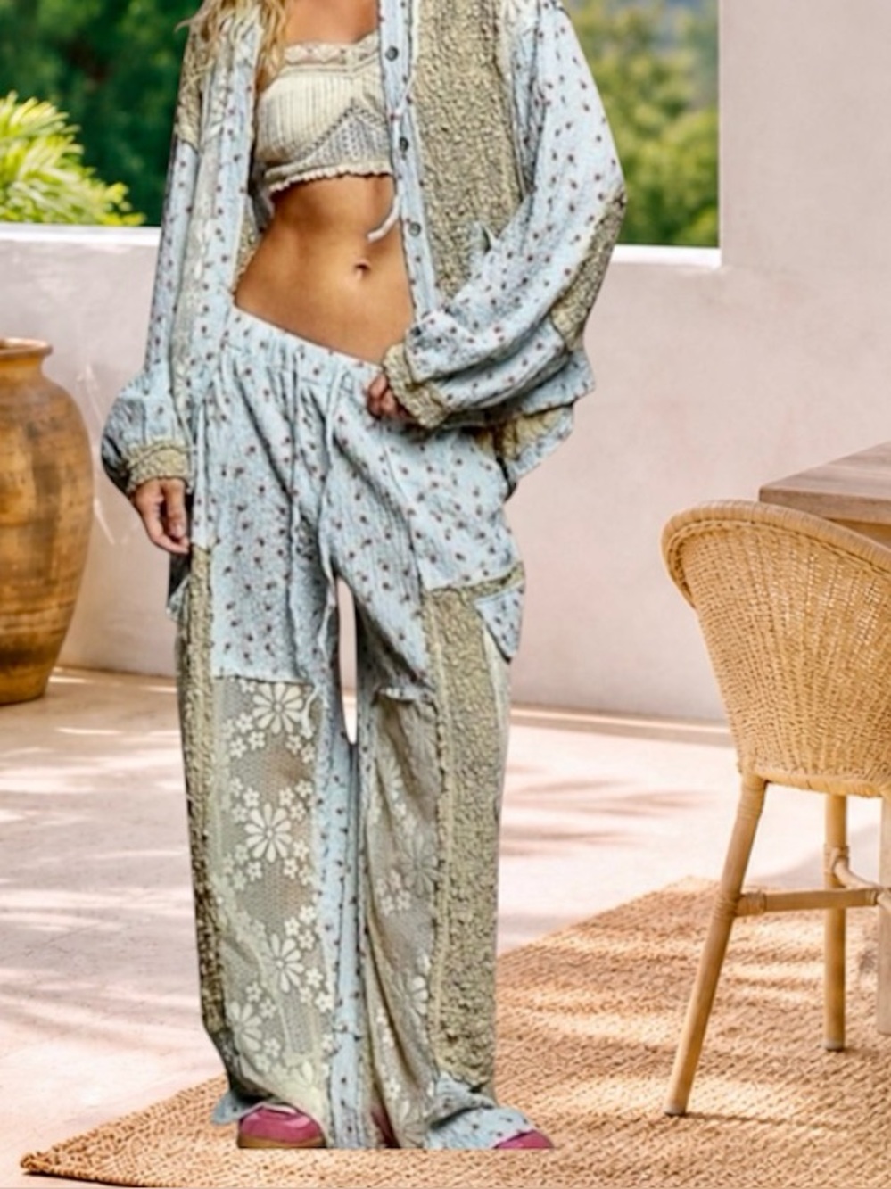 POL Light Blue Patchwork Lace Baggy Relaxed Fit Pants Boho Festival Casual - Picture 2 of 6